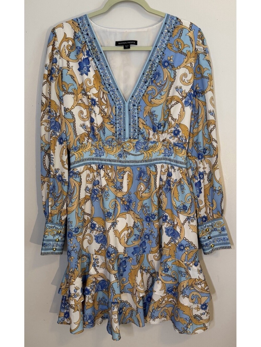 Boston Proper Baroque Print Embellished V-Neck Blue Gold Flowy Mini Dress Medium